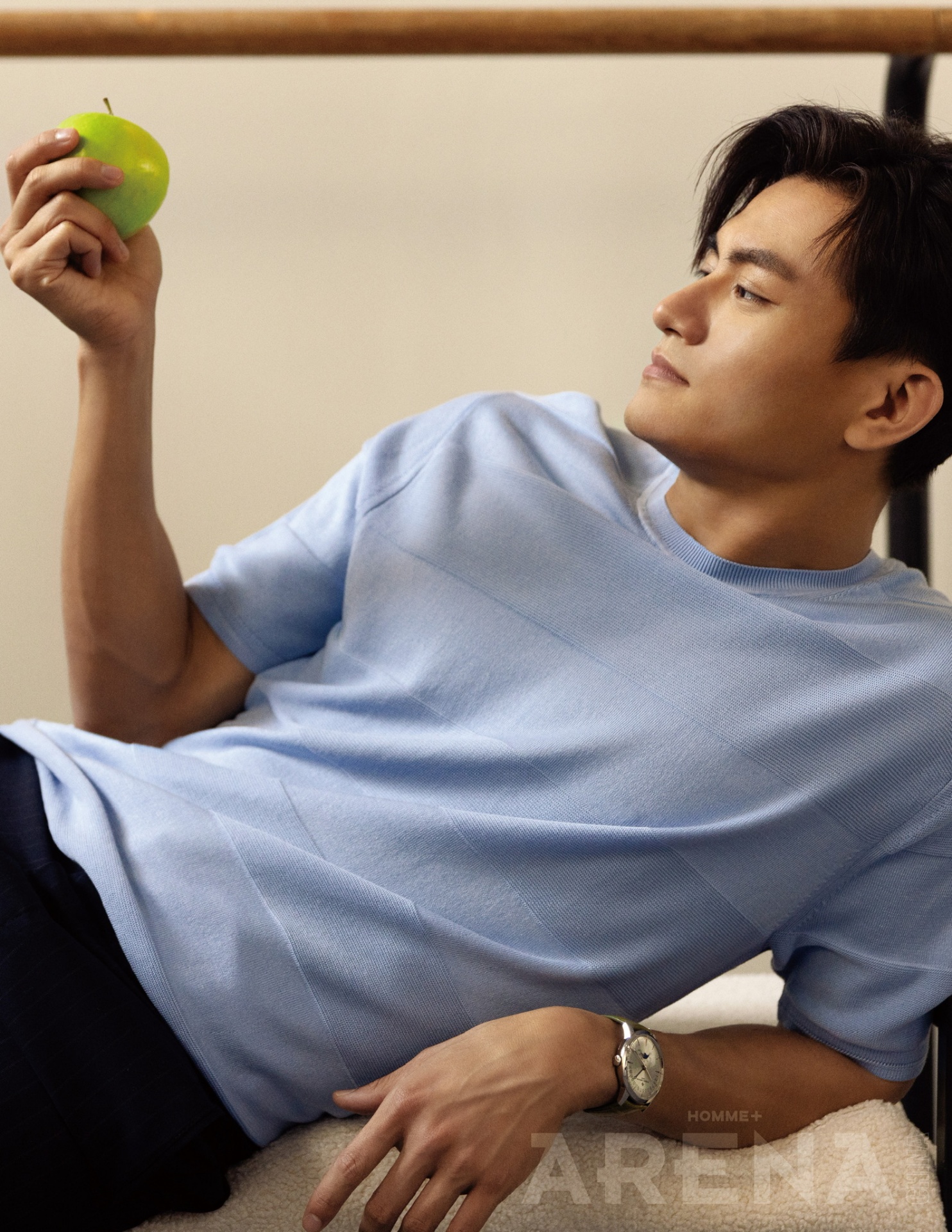 Arena Homme+ China — blue knit with green apple, ballet barre