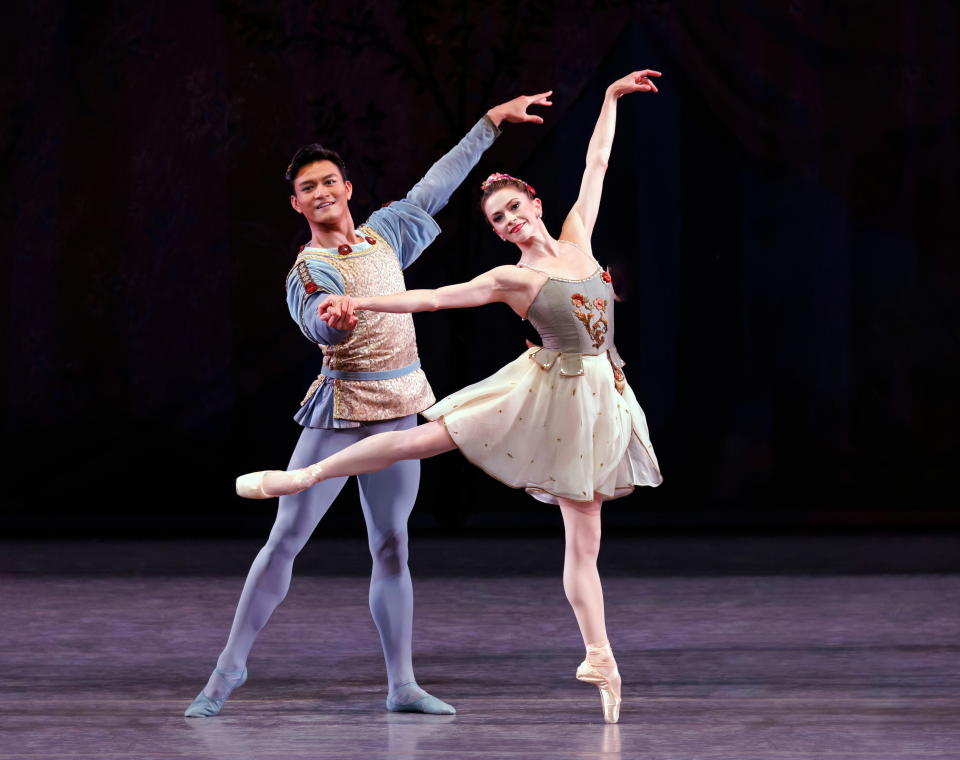 A Midsummer Night's Dream series — A Midsummer Night's Dream — Divertissement pas de deux with ballerina in cream dress and cavalier in blue brocade tunic
